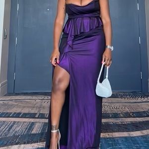 Marchesa Notte Strapless Draped Lame Peplum Gown In Amethyst